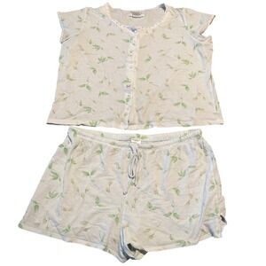 Vintage 90 Earth Angels Pajama Set Top Shorts Floral Print Green White Button Up